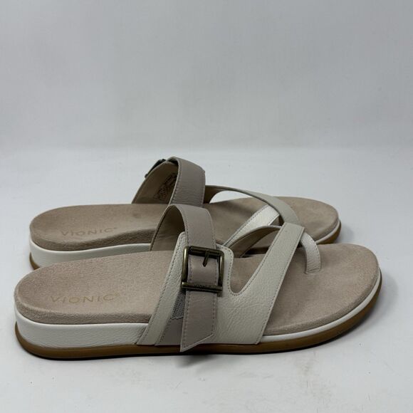 Vionic Carmela Toe Post Sandals Womens 11 Ivory Tan Leather Slip On Comfort - Picture 1 of 14